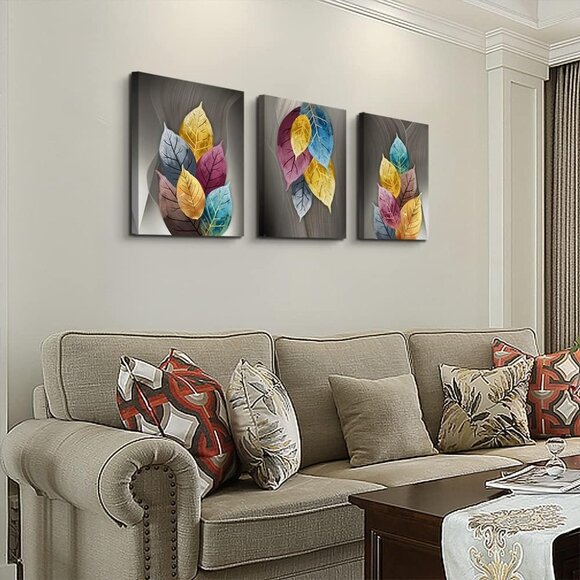 Canvas Wall Art for Living Room Decor Artwork Abstract Leaves Painting 3Pcs - Picture 5 of 6